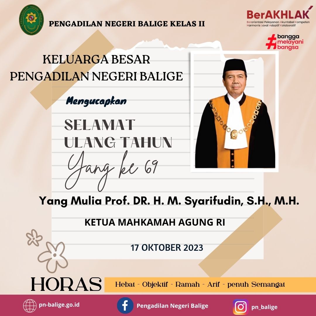 Selamat Ulang Tahun ke - 69 YM. Prof. Dr. H. M. Syarifuddin, S.H., M.H. (Ketua Mahkamah Agung RI).